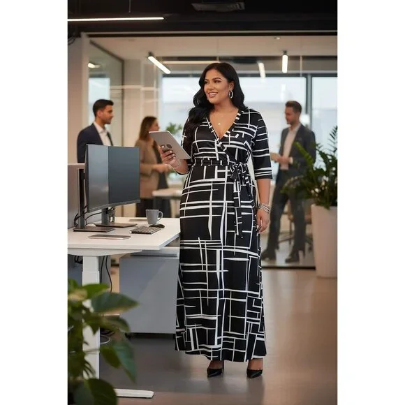 Women's 01-black Polyester Blend Floral 3/4 Sleeve with Belt Elegant Maxi - Picture 3 of 5